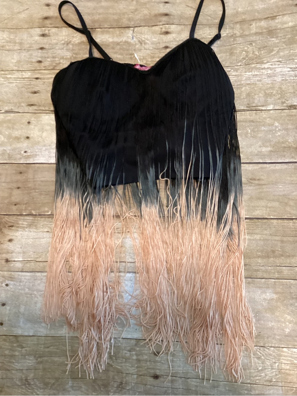 Fringe Ombre Crop Tank Top - Black to Blush